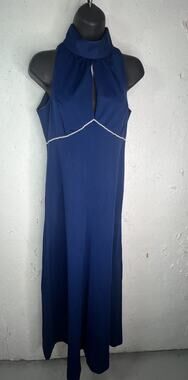VTG 70s Navy Blue Halter Maxi Dress Faux Pearl Trim Keyhole High Neck Formal XS